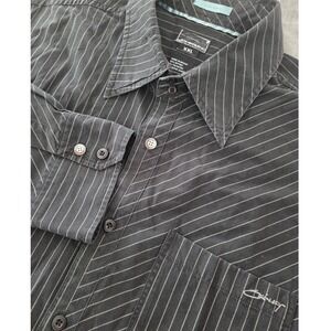 Oakley VTG Black Pinstripe All Over Embroidery Logo L/S Button Up Shirt Sz XXL